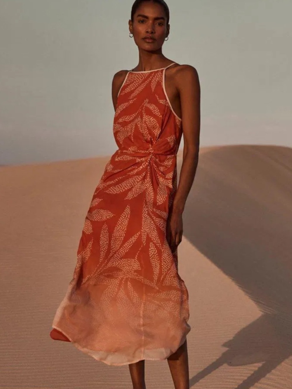 Twist-Waist Leaf Print Midi Dress in Rust